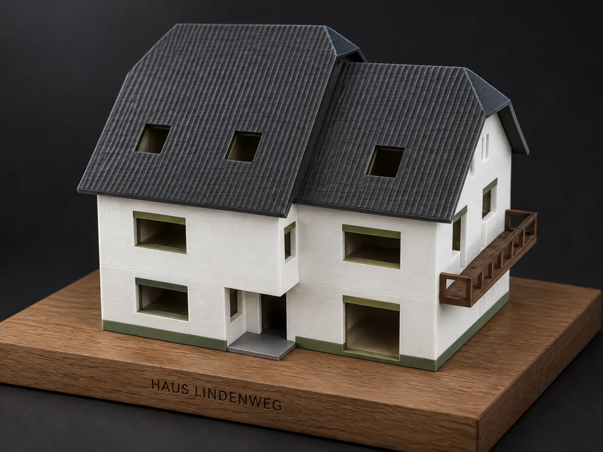 HeimelBAU Signature: Modellhaus auf geölter Eichenplatte mit eingelaserter Beschriftung